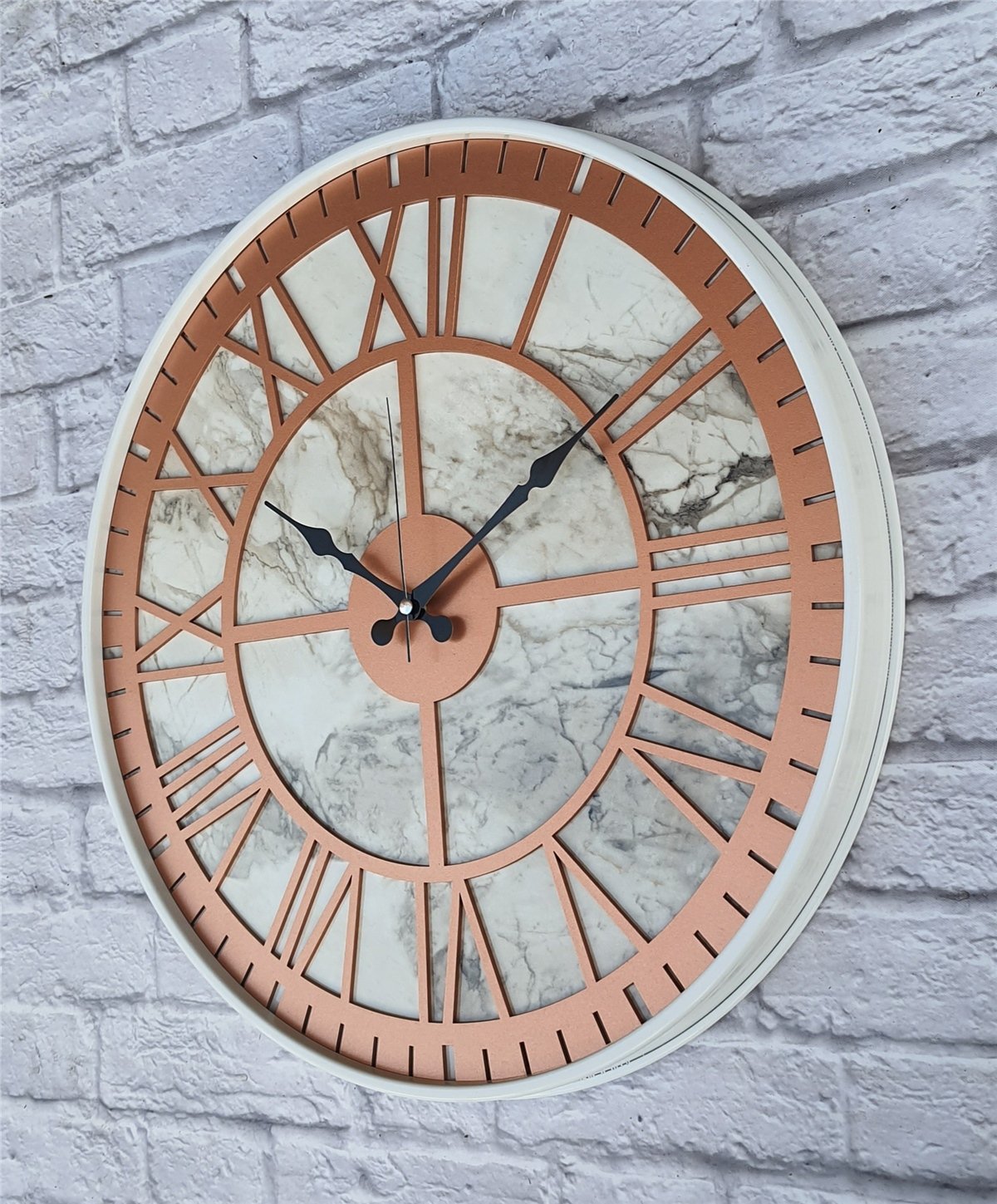 Markakanvas Beyaz Metal Kasalı Mermer Desenli  Duvar Saati  ( Çap 50 cm -Çap 80 cm )