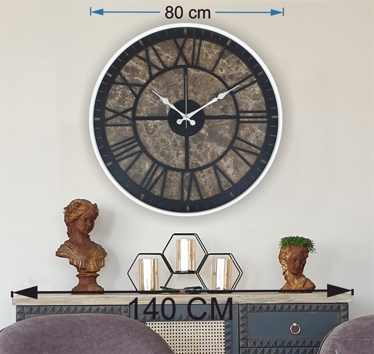 Markakanvas Beyaz Metal Kasalı Mermer Desenli  Duvar Saati  ( Çap 50 cm -Çap 80 cm )