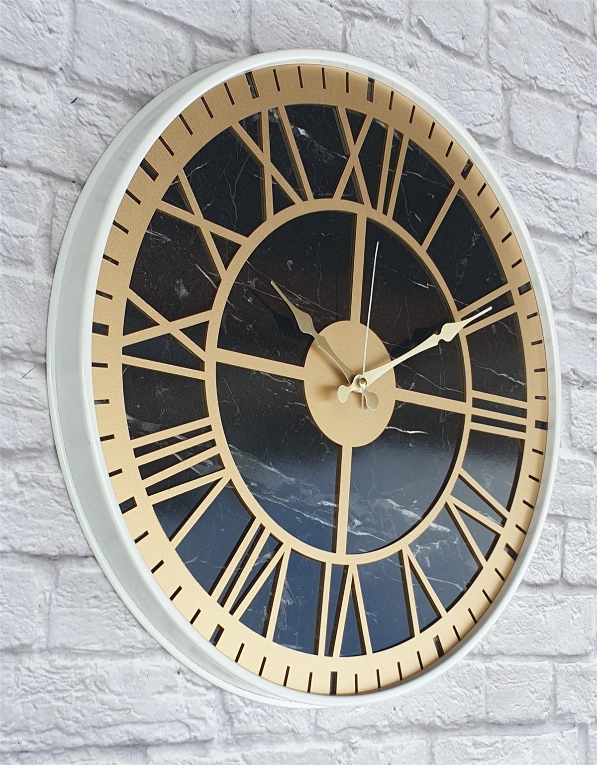 Markakanvas Beyaz Metal Kasalı Mermer Desenli  Duvar Saati  ( Çap 50 cm -Çap 80 cm )