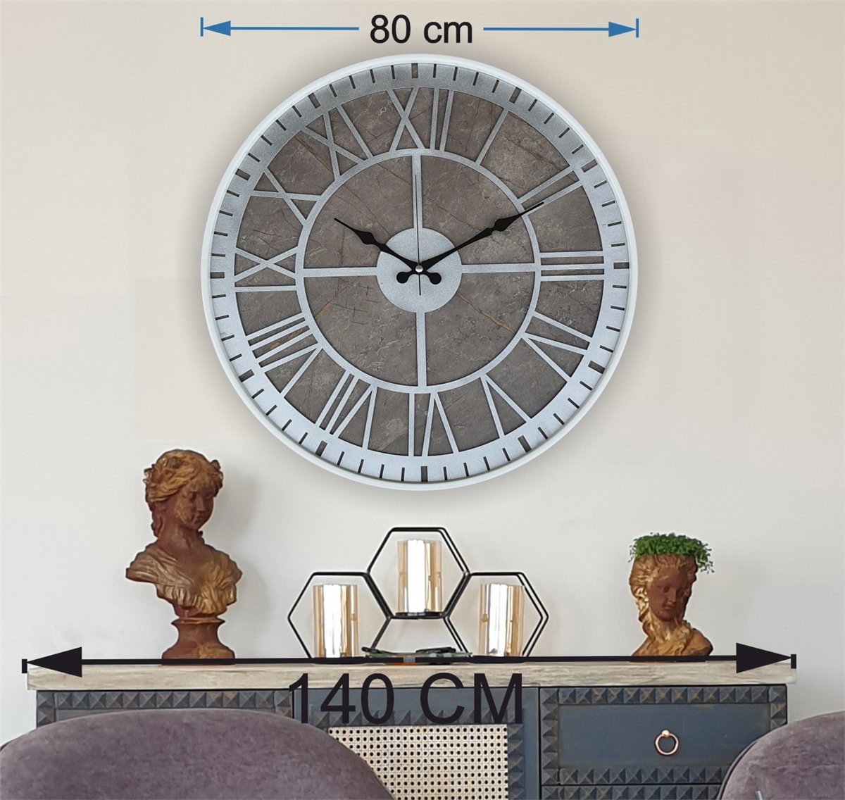 Markakanvas Beyaz Metal Kasalı Mermer Desenli  Duvar Saati  ( Çap 50 cm -Çap 80 cm )