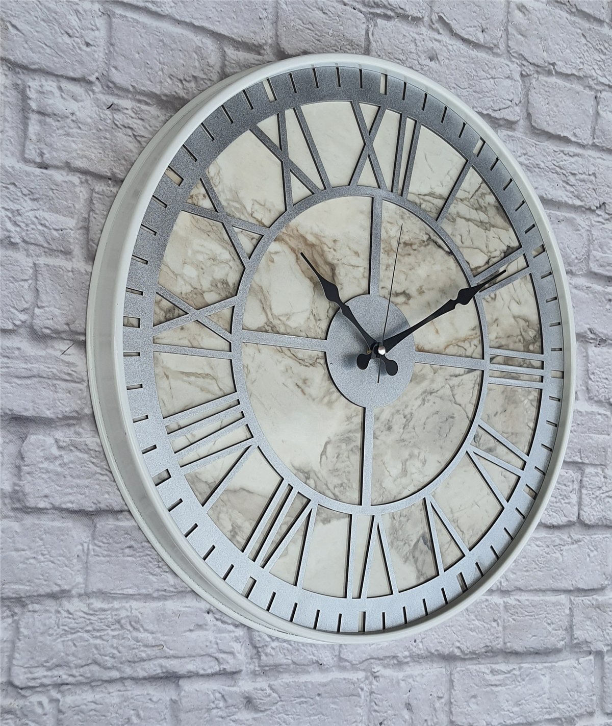 Markakanvas Beyaz Metal Kasalı Mermer Desenli  Duvar Saati  ( Çap 50 cm -Çap 80 cm )