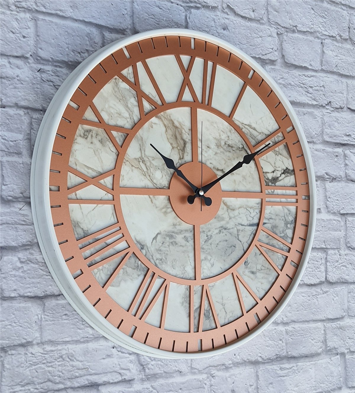 Markakanvas Beyaz Metal Kasalı Mermer Desenli  Duvar Saati  ( Çap 50 cm -Çap 80 cm )