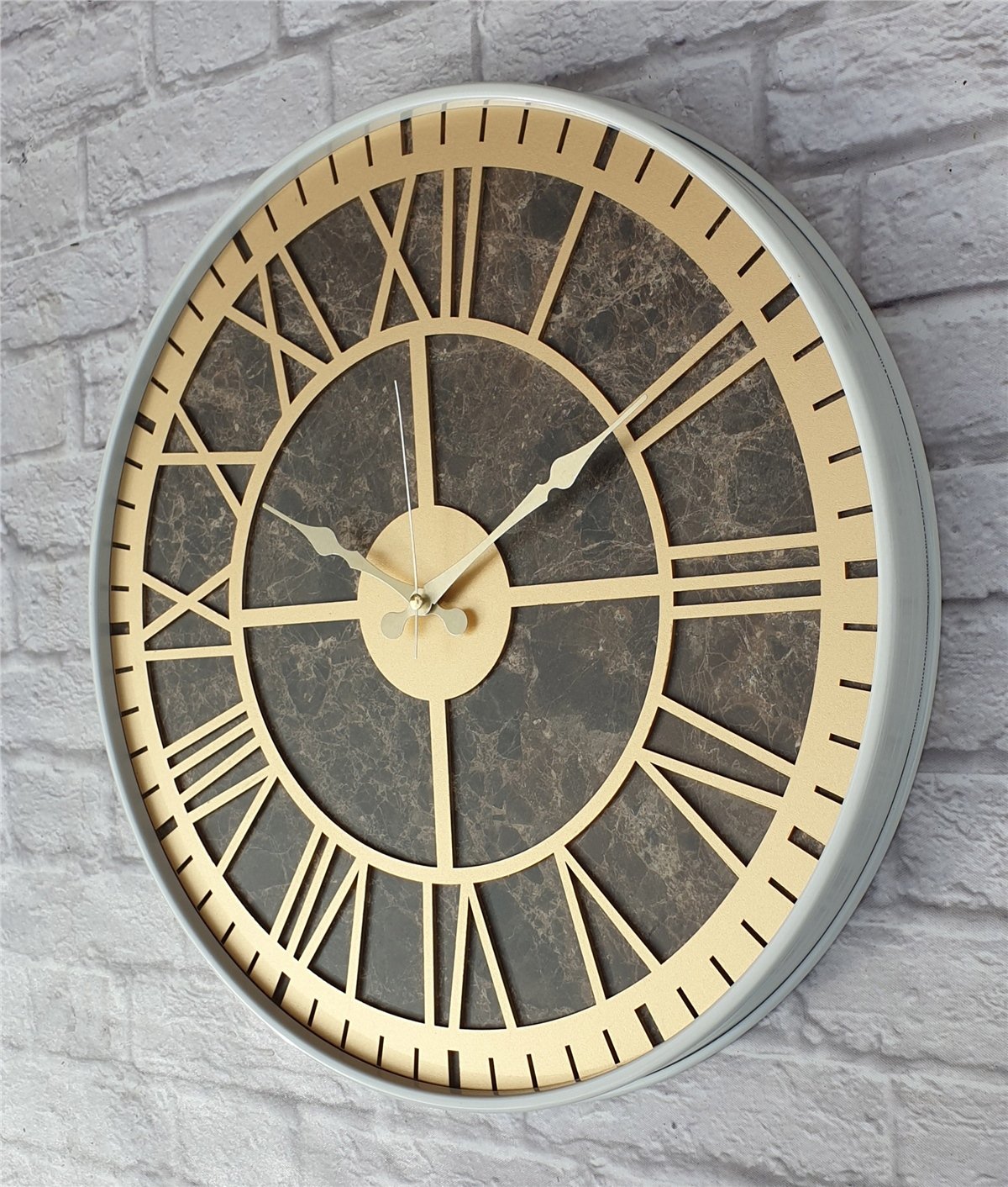 Markakanvas Beyaz Metal Kasalı Mermer Desenli  Duvar Saati  ( Çap 50 cm -Çap 80 cm )