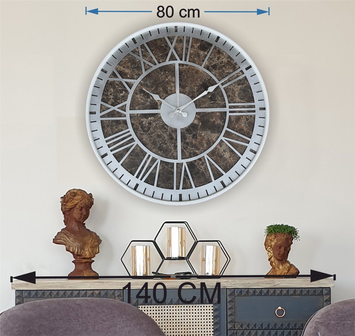 Markakanvas Beyaz Metal Kasalı Mermer Desenli  Duvar Saati  ( Çap 50 cm -Çap 80 cm )