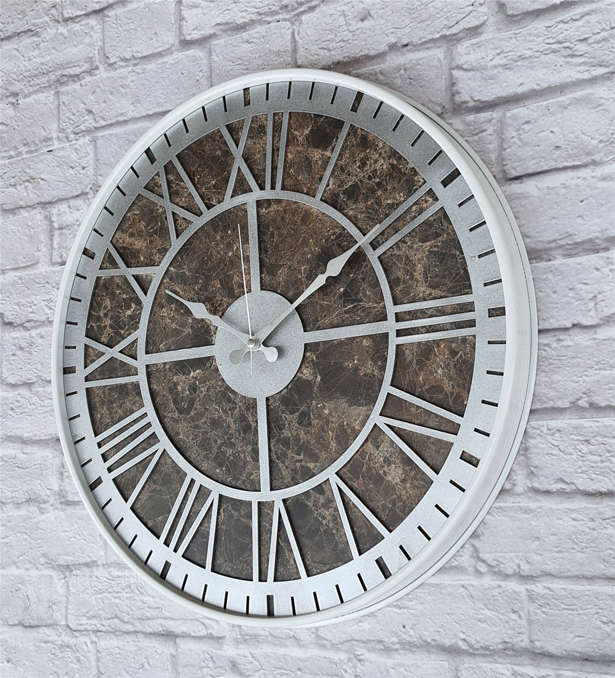 Markakanvas Beyaz Metal Kasalı Mermer Desenli  Duvar Saati  ( Çap 50 cm -Çap 80 cm )