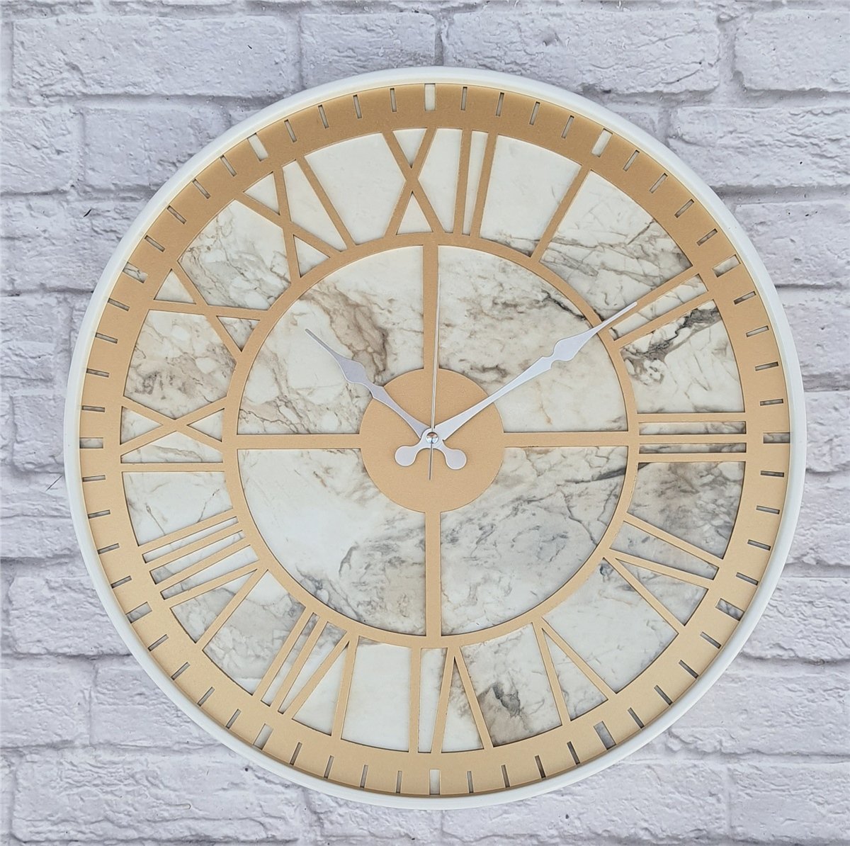 Markakanvas Beyaz Metal Kasalı Mermer Desenli  Duvar Saati  ( Çap 50 cm -Çap 80 cm )