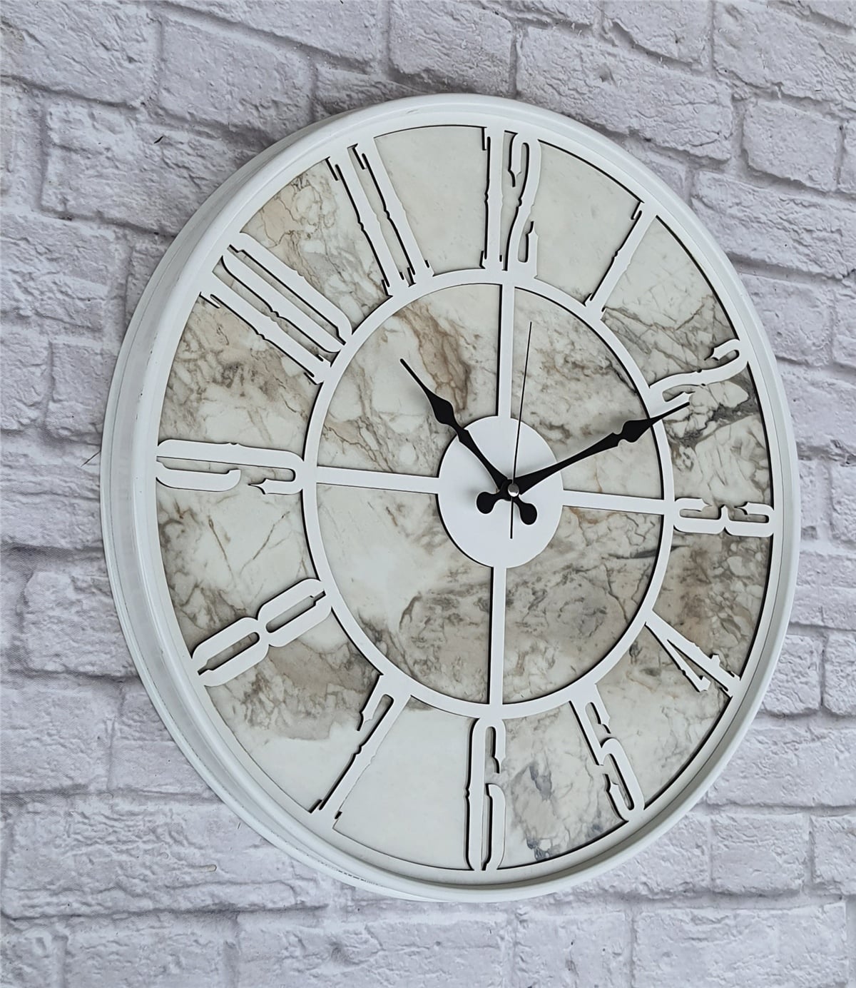 Markakanvas Beyaz Metal Kasalı Mermer Desenli  Duvar Saati  ( Çap 50 cm -Çap 80 cm )