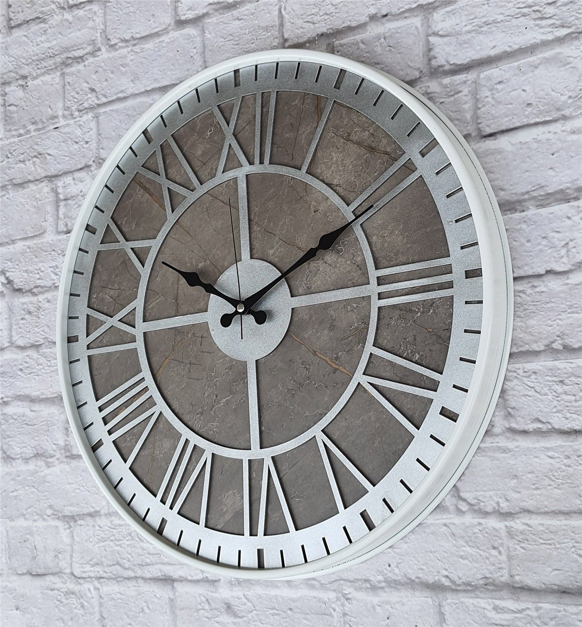 Markakanvas Beyaz Metal Kasalı Mermer Desenli  Duvar Saati  ( Çap 50 cm -Çap 80 cm )