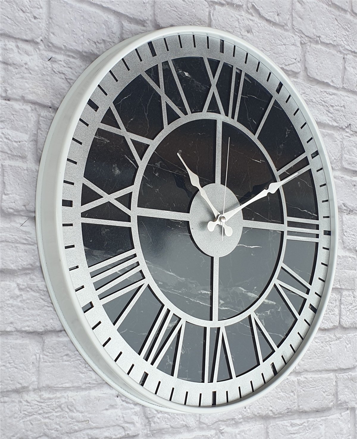Markakanvas Beyaz Metal Kasalı Mermer Desenli  Duvar Saati  ( Çap 50 cm -Çap 80 cm )
