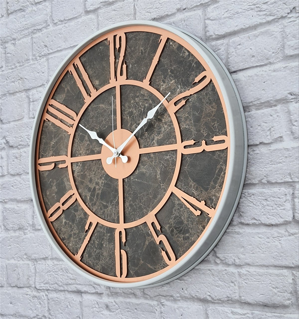 Markakanvas Beyaz Metal Kasalı Mermer Desenli  Duvar Saati  ( Çap 50 cm -Çap 80 cm )