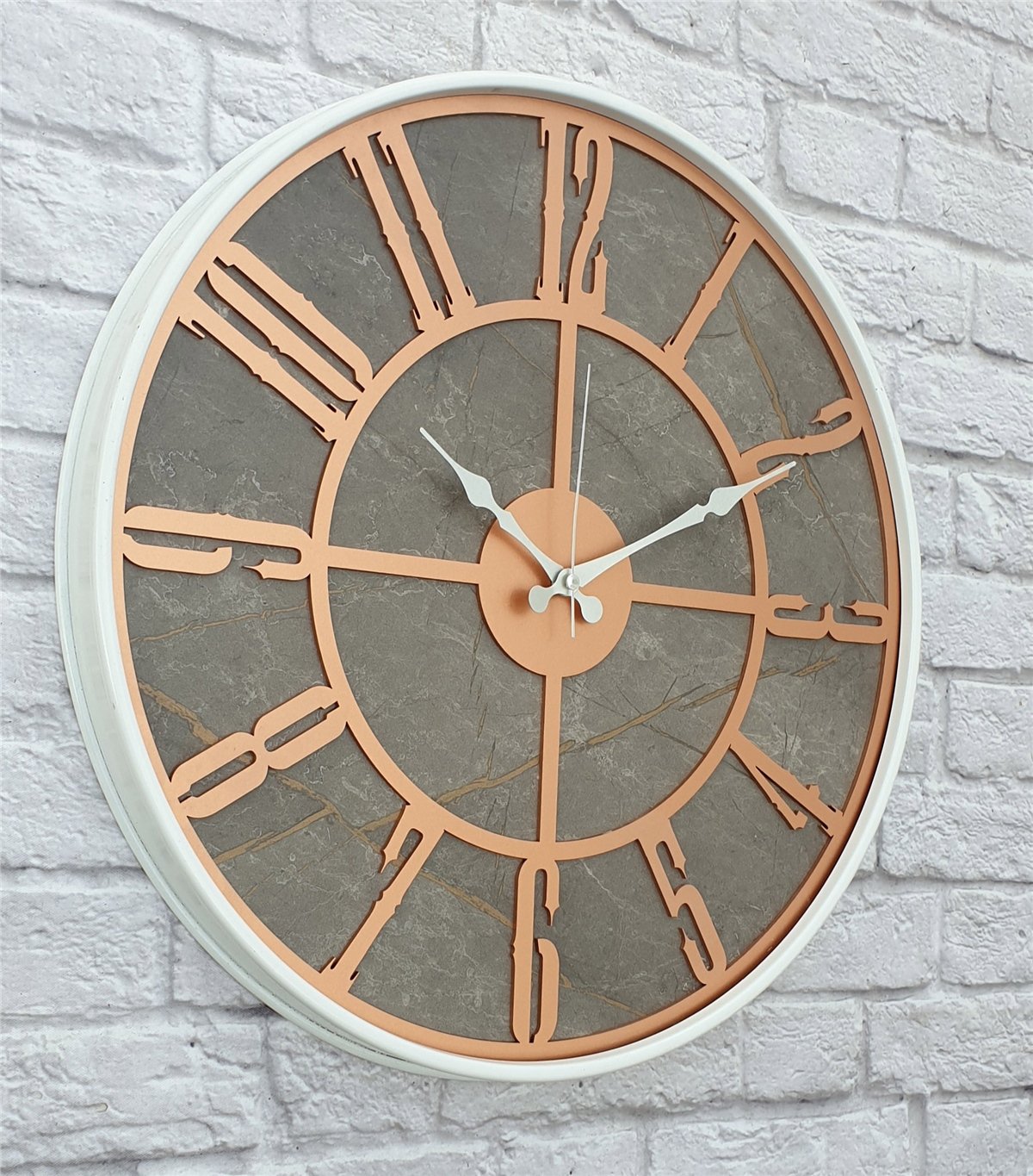 Markakanvas Beyaz Metal Kasalı Mermer Desenli  Duvar Saati  ( Çap 50 cm -Çap 80 cm )