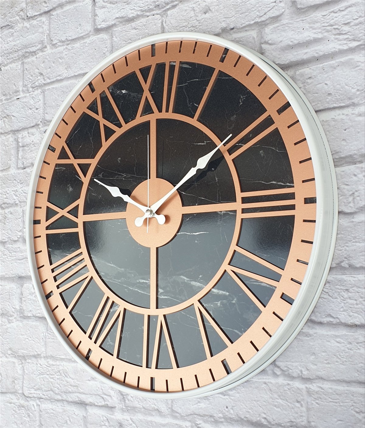 Markakanvas Beyaz Metal Kasalı Mermer Desenli  Duvar Saati  ( Çap 50 cm -Çap 80 cm )