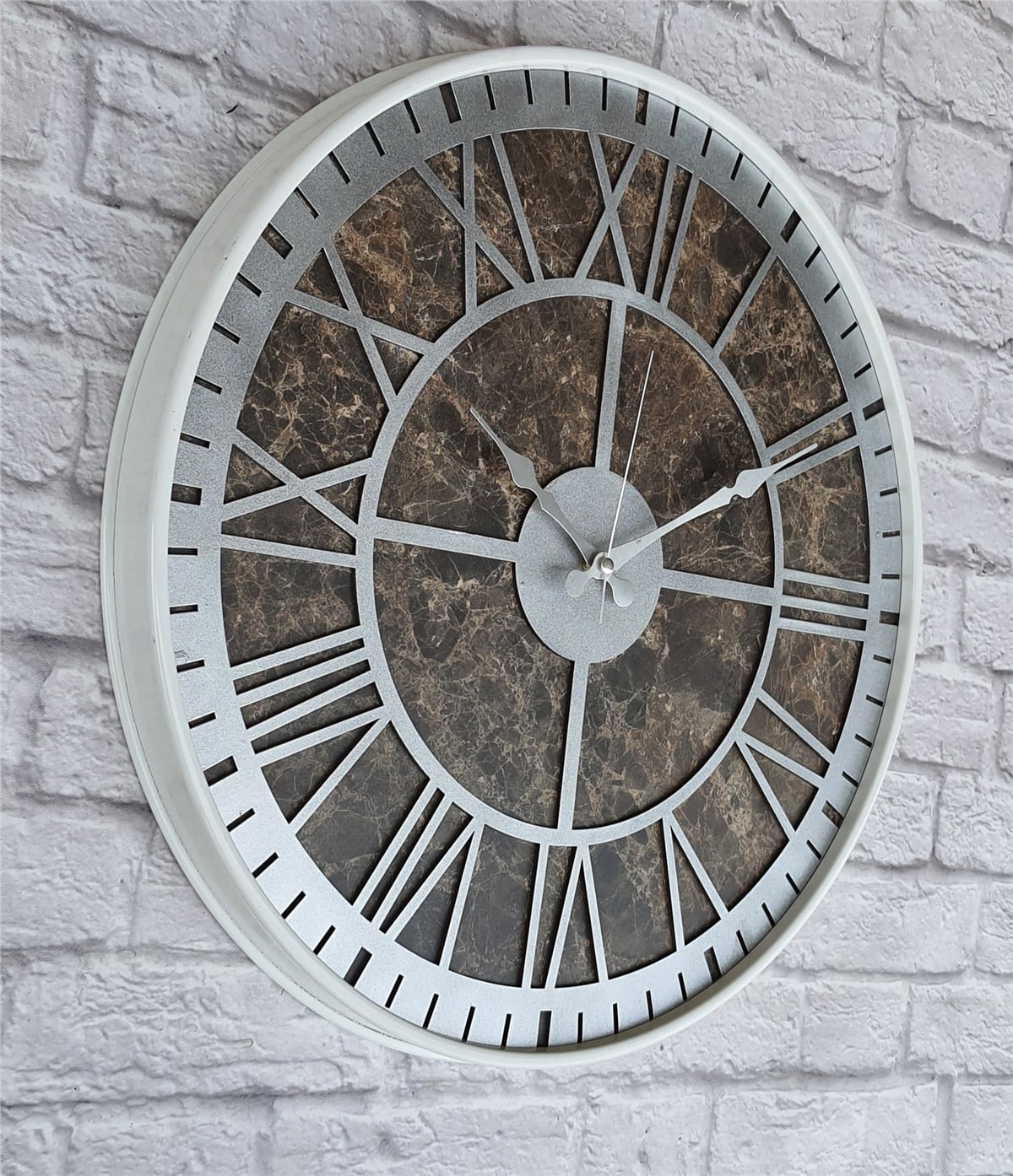 Markakanvas Beyaz Metal Kasalı Mermer Desenli  Duvar Saati  ( Çap 50 cm -Çap 80 cm )