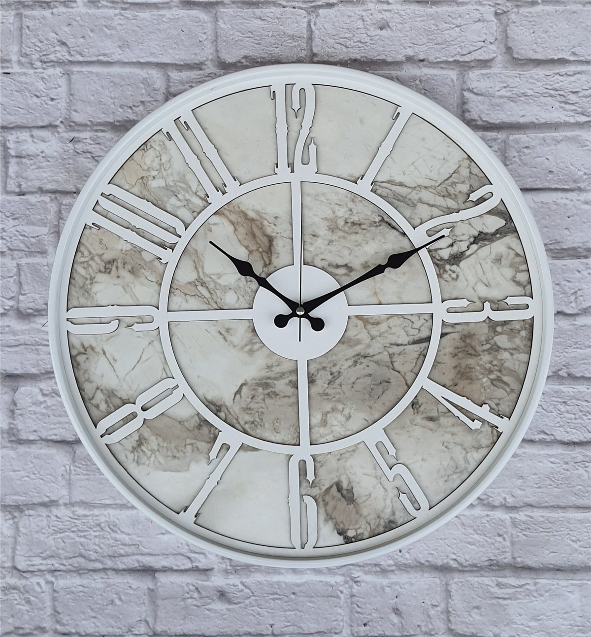 Markakanvas Beyaz Metal Kasalı Mermer Desenli  Duvar Saati  ( Çap 50 cm -Çap 80 cm )