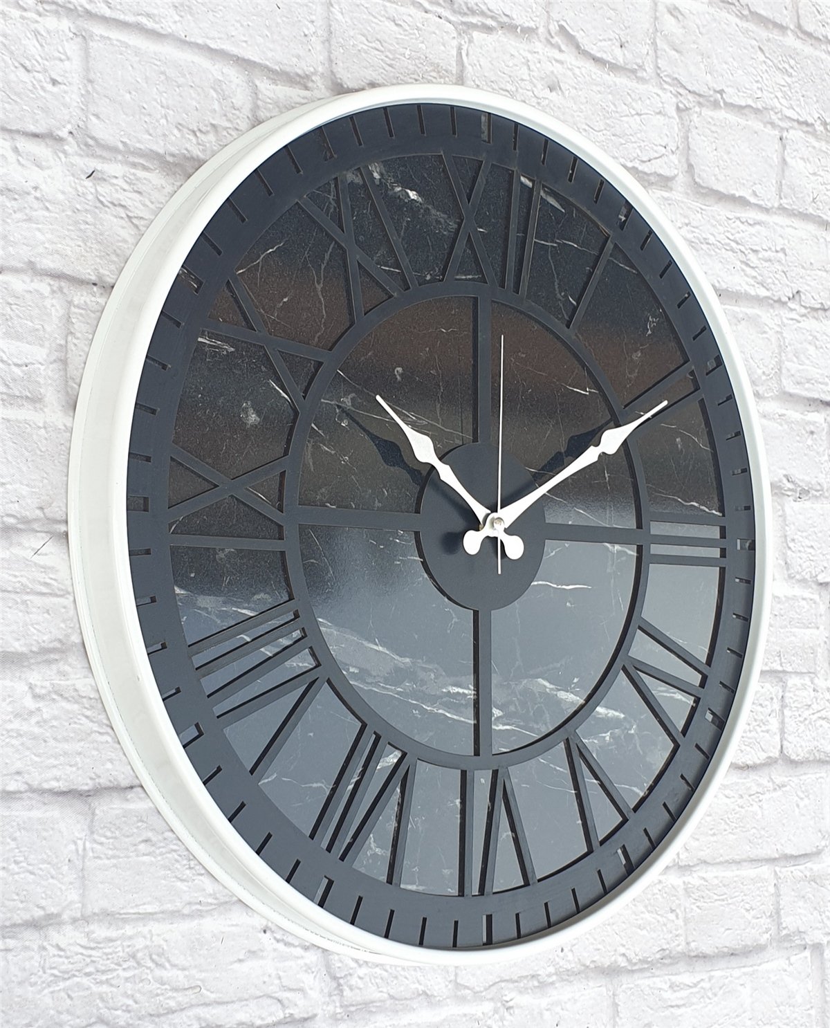 Markakanvas Beyaz Metal Kasalı Mermer Desenli  Duvar Saati  ( Çap 50 cm -Çap 80 cm )