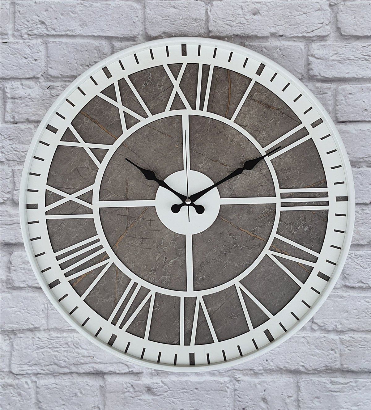 Markakanvas Beyaz Metal Kasalı Mermer Desenli  Duvar Saati  ( Çap 50 cm -Çap 80 cm )