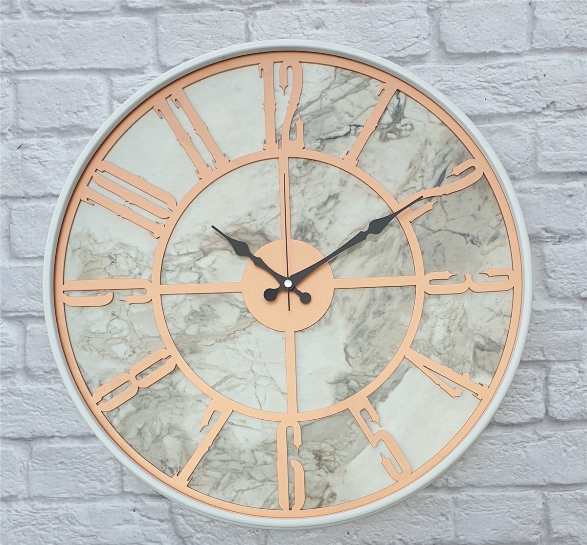 Markakanvas Beyaz Metal Kasalı Mermer Desenli  Duvar Saati  ( Çap 50 cm -Çap 80 cm )