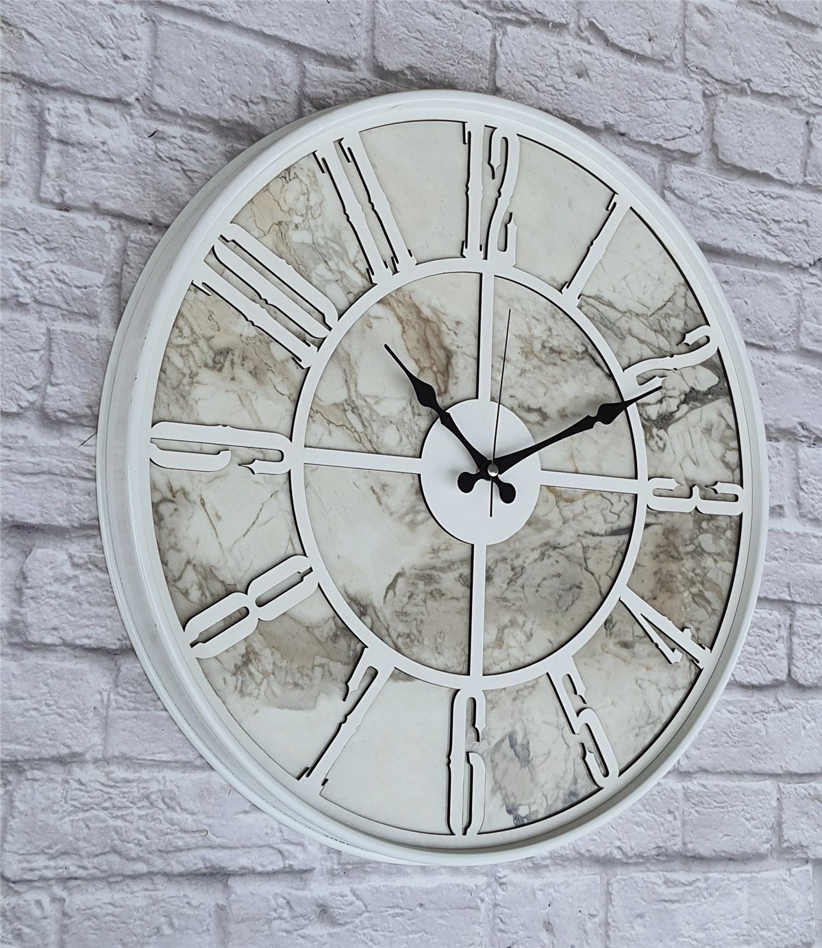 Markakanvas Beyaz Metal Kasalı Mermer Desenli  Duvar Saati  ( Çap 50 cm -Çap 80 cm )