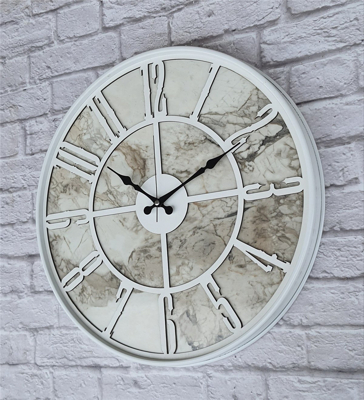 Markakanvas Beyaz Metal Kasalı Mermer Desenli  Duvar Saati  ( Çap 50 cm -Çap 80 cm )