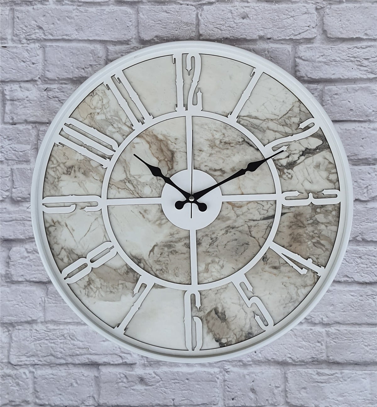 Markakanvas Beyaz Metal Kasalı Mermer Desenli  Duvar Saati  ( Çap 50 cm -Çap 80 cm )