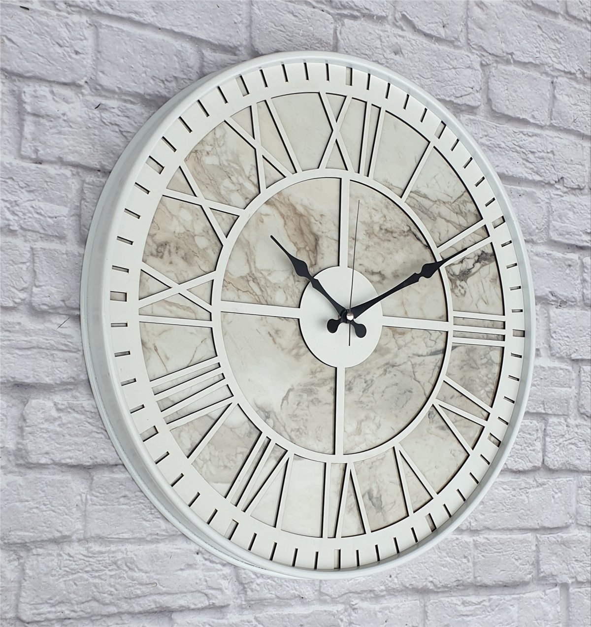 Markakanvas Beyaz Metal Kasalı Mermer Desenli  Duvar Saati  ( Çap 50 cm -Çap 80 cm )