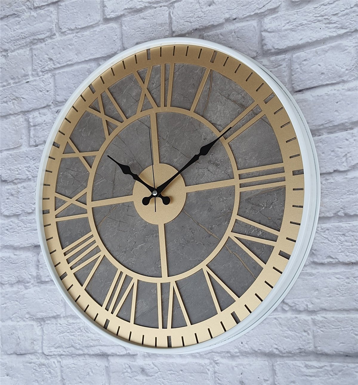 Markakanvas Beyaz Metal Kasalı Mermer Desenli  Duvar Saati  ( Çap 50 cm -Çap 80 cm )