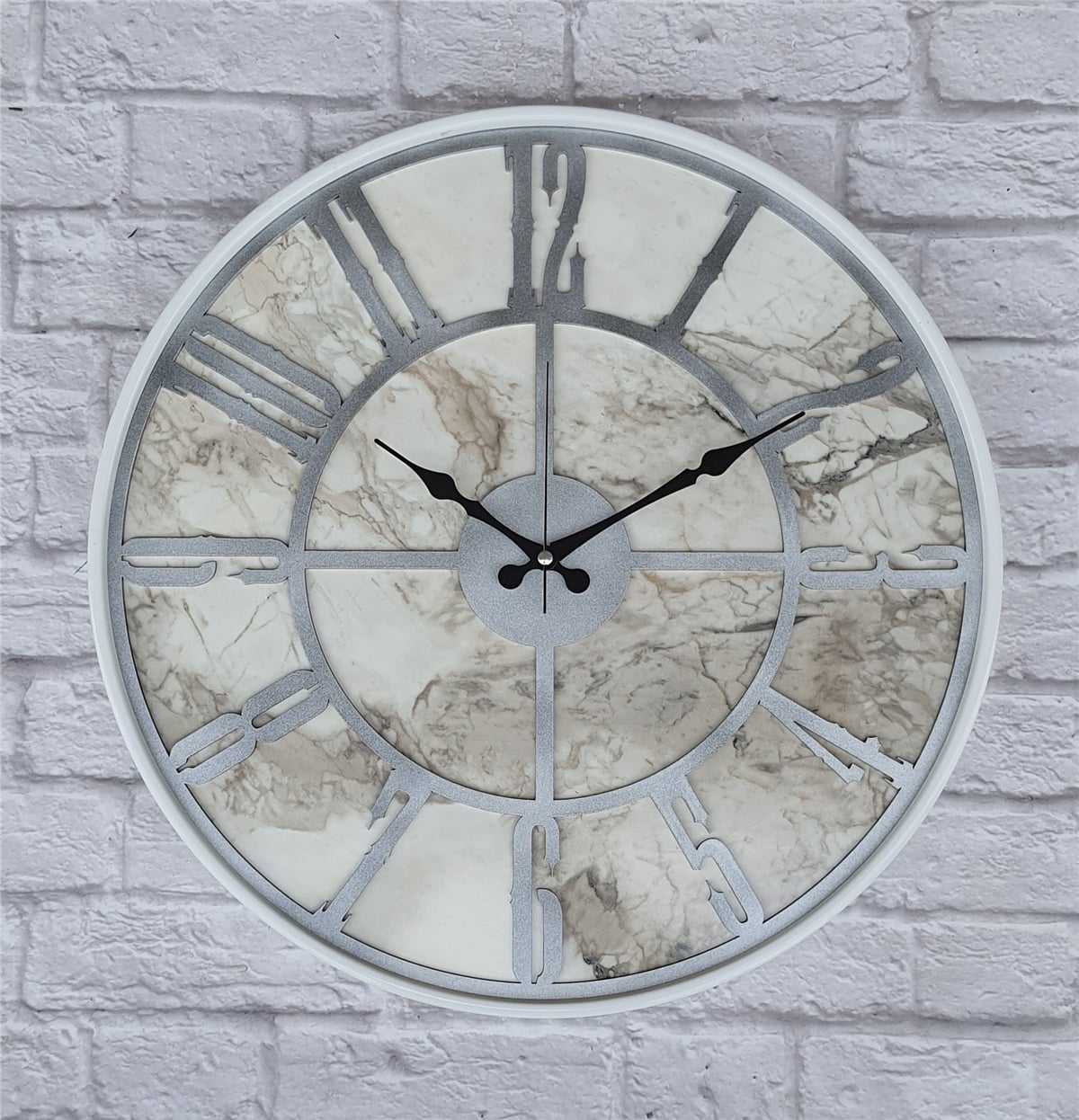 Markakanvas Beyaz Metal Kasalı Mermer Desenli  Duvar Saati  ( Çap 50 cm -Çap 80 cm )