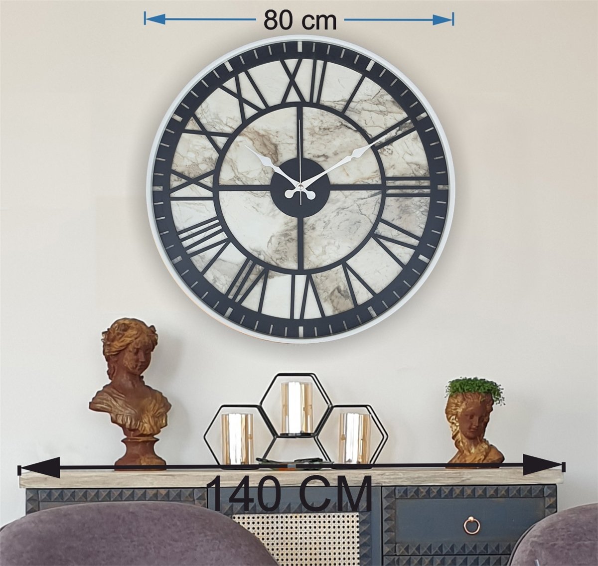 Markakanvas Beyaz Metal Kasalı Mermer Desenli  Duvar Saati  ( Çap 50 cm -Çap 80 cm )