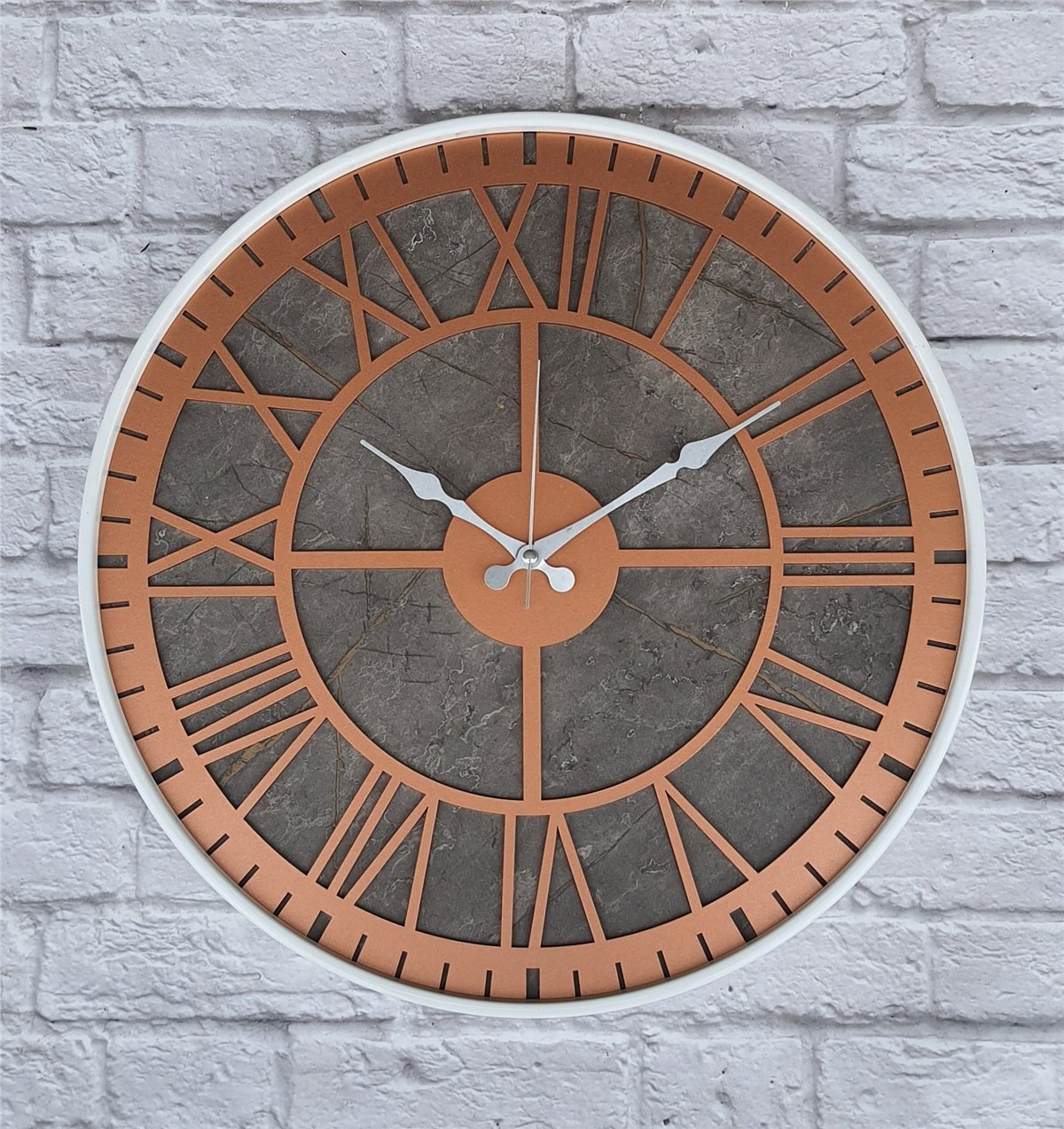 Markakanvas Beyaz Metal Kasalı Mermer Desenli  Duvar Saati  ( Çap 50 cm -Çap 80 cm )