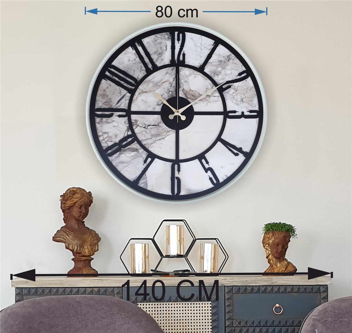 Markakanvas Beyaz Metal Kasalı Mermer Desenli  Duvar Saati  ( Çap 50 cm -Çap 80 cm )