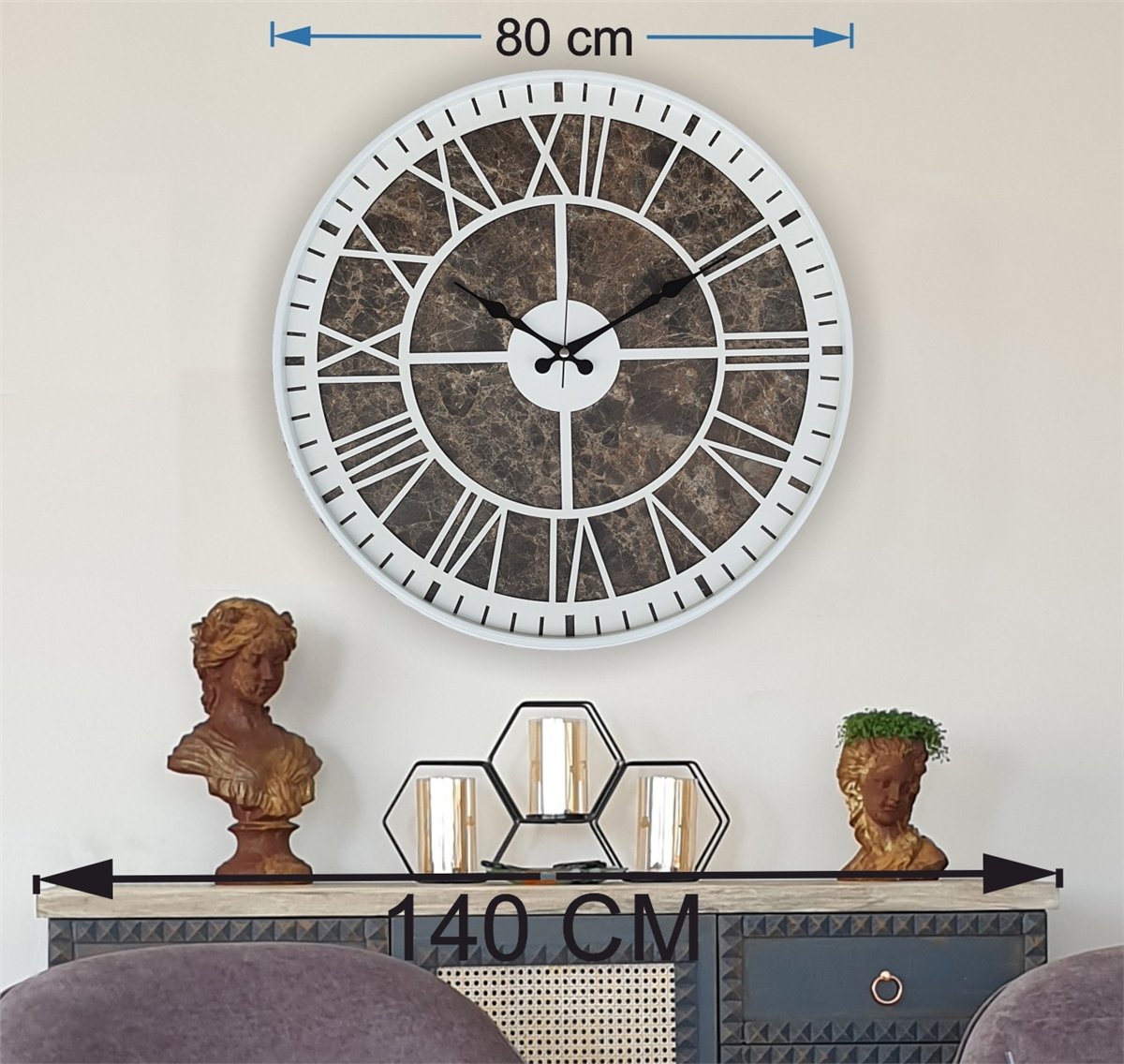 Markakanvas Beyaz Metal Kasalı Mermer Desenli  Duvar Saati  ( Çap 50 cm -Çap 80 cm )