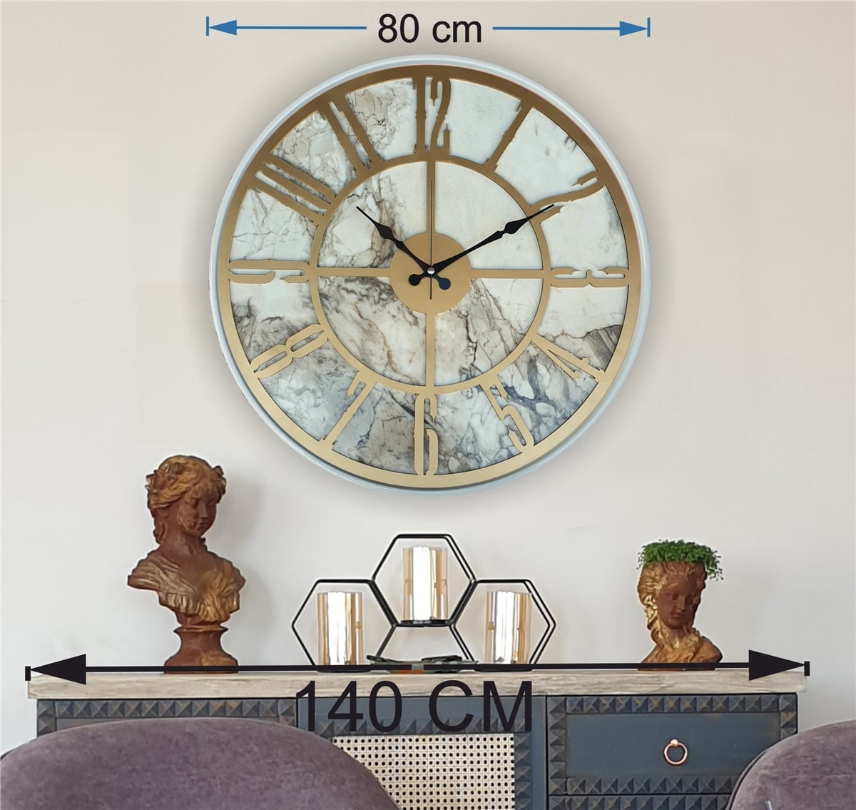 Markakanvas Beyaz Metal Kasalı Mermer Desenli  Duvar Saati  ( Çap 50 cm -Çap 80 cm )