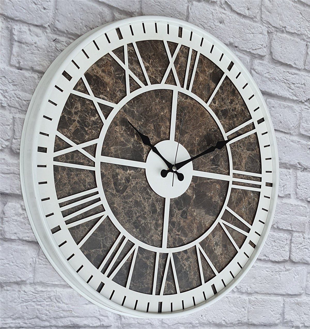 Markakanvas Beyaz Metal Kasalı Mermer Desenli  Duvar Saati  ( Çap 50 cm -Çap 80 cm )
