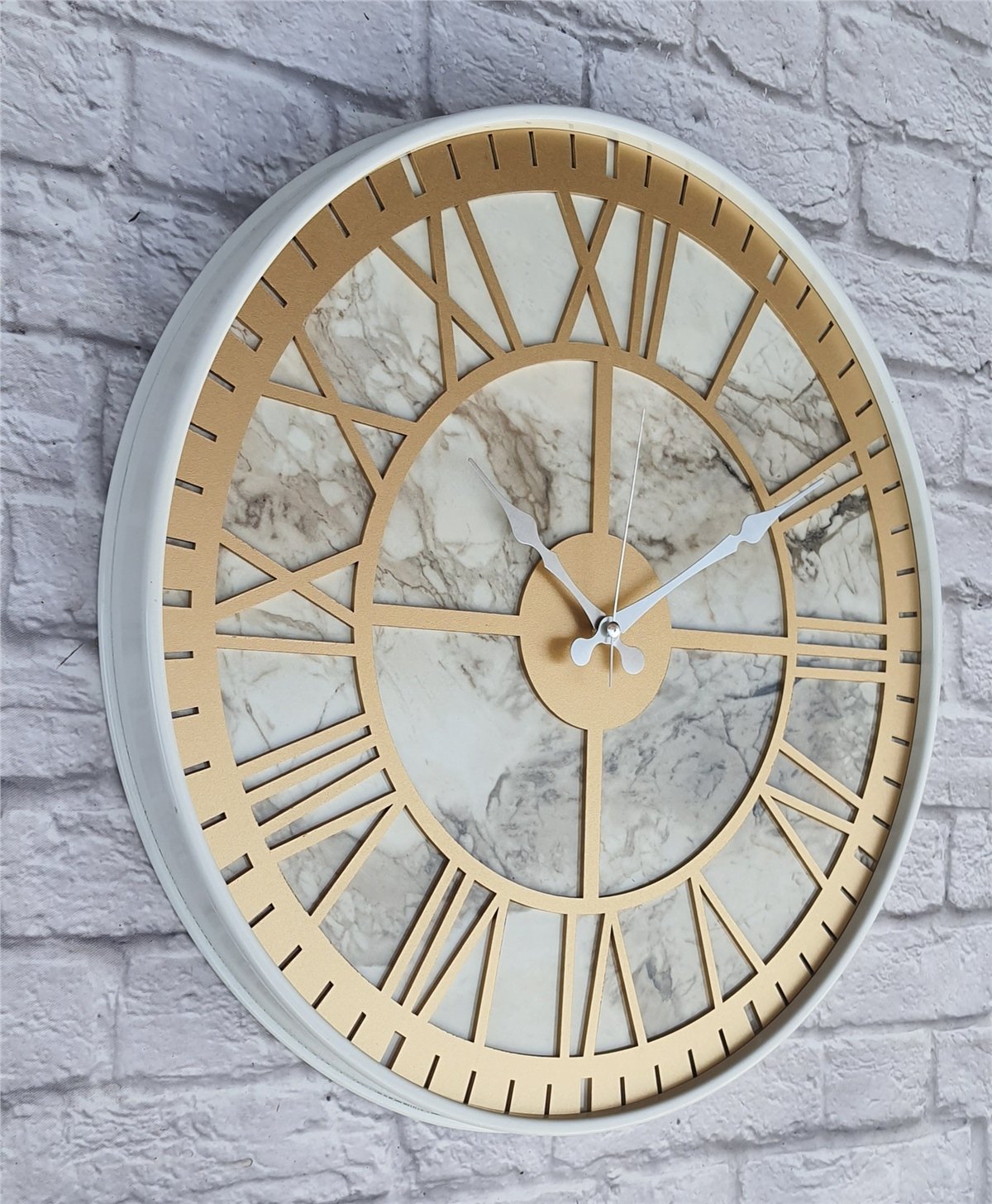 Markakanvas Beyaz Metal Kasalı Mermer Desenli  Duvar Saati  ( Çap 50 cm -Çap 80 cm )