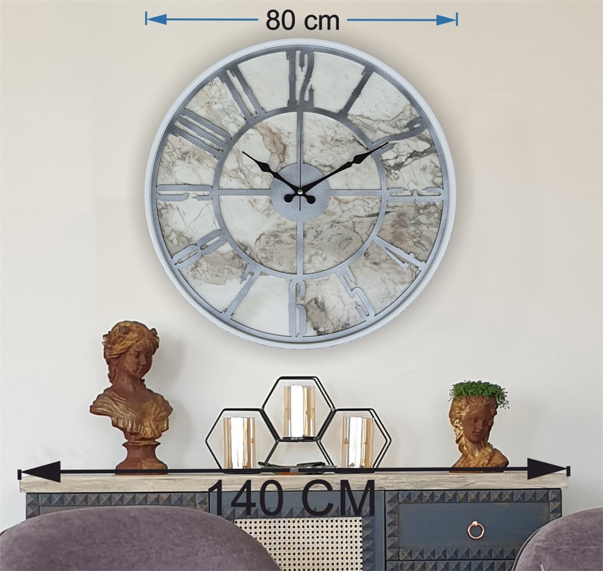 Markakanvas Beyaz Metal Kasalı Mermer Desenli  Duvar Saati  ( Çap 50 cm -Çap 80 cm )