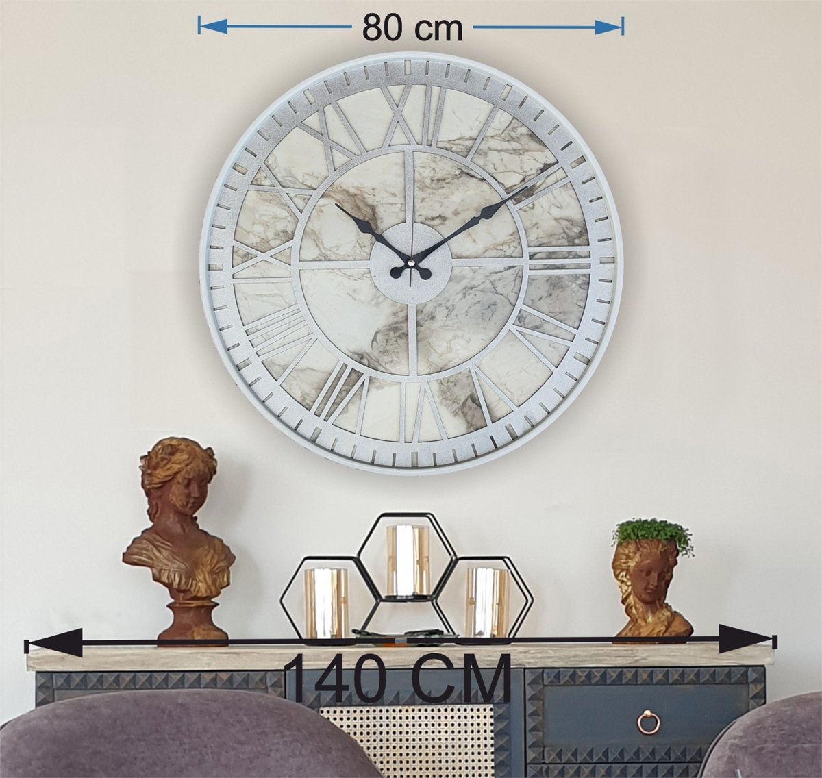 Markakanvas Beyaz Metal Kasalı Mermer Desenli  Duvar Saati  ( Çap 50 cm -Çap 80 cm )