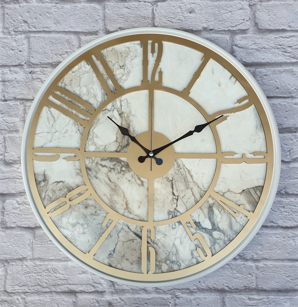 Markakanvas Beyaz Metal Kasalı Mermer Desenli  Duvar Saati  ( Çap 50 cm -Çap 80 cm )