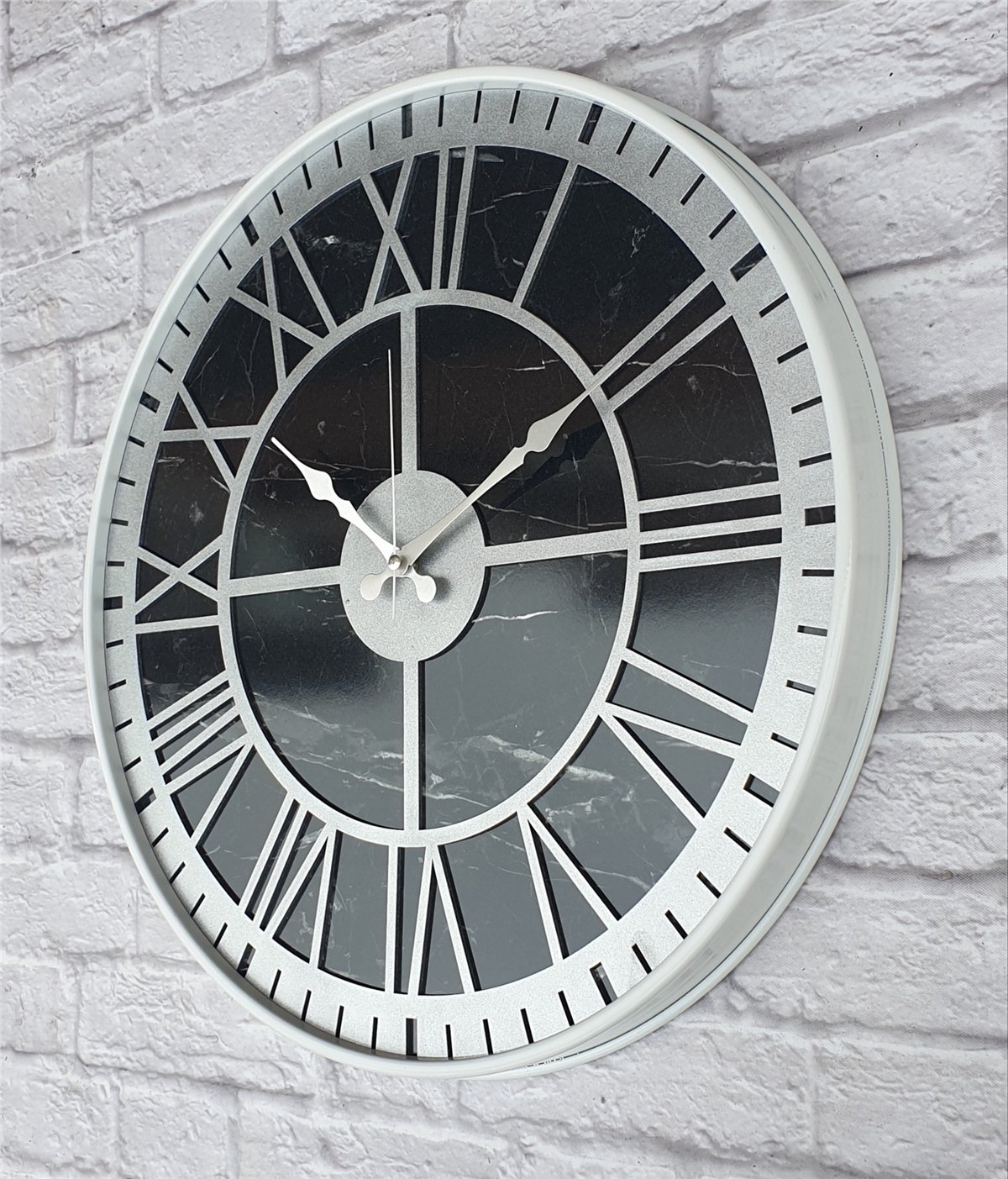 Markakanvas Beyaz Metal Kasalı Mermer Desenli  Duvar Saati  ( Çap 50 cm -Çap 80 cm )