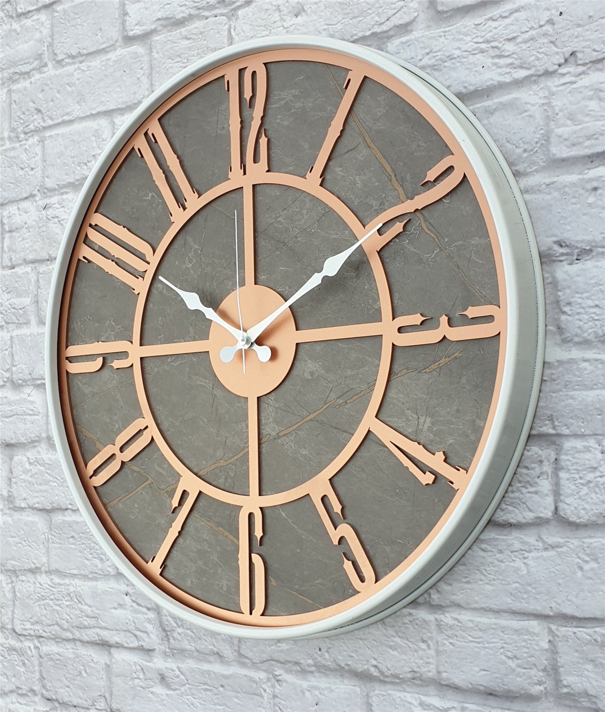 Markakanvas Beyaz Metal Kasalı Mermer Desenli  Duvar Saati  ( Çap 50 cm -Çap 80 cm )
