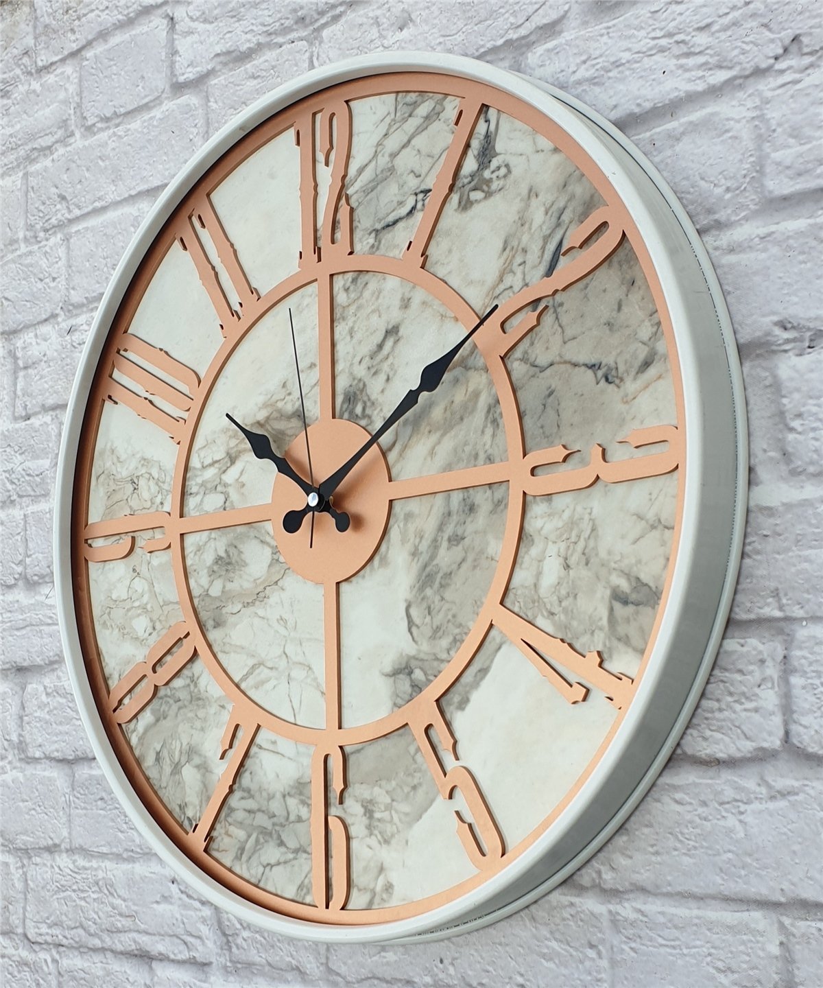 Markakanvas Beyaz Metal Kasalı Mermer Desenli  Duvar Saati  ( Çap 50 cm -Çap 80 cm )