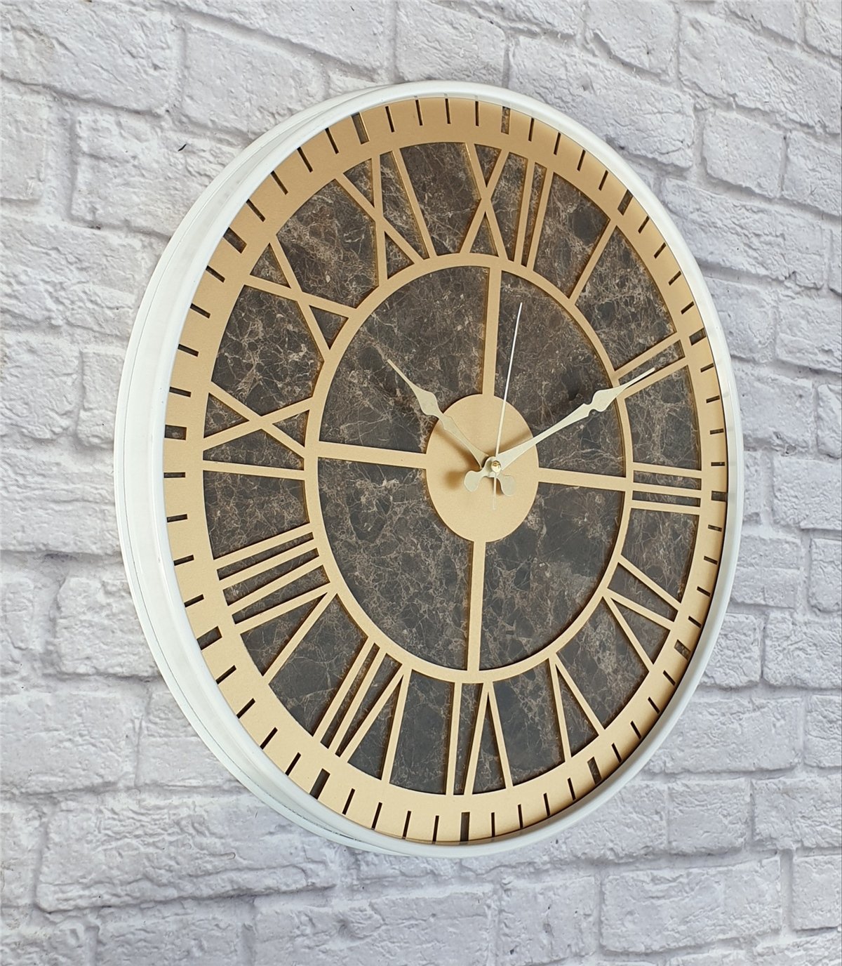 Markakanvas Beyaz Metal Kasalı Mermer Desenli  Duvar Saati  ( Çap 50 cm -Çap 80 cm )