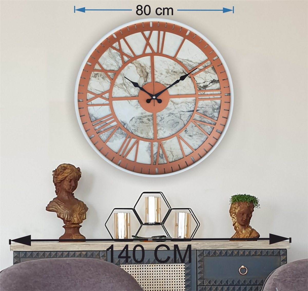 Markakanvas Beyaz Metal Kasalı Mermer Desenli  Duvar Saati  ( Çap 50 cm -Çap 80 cm )