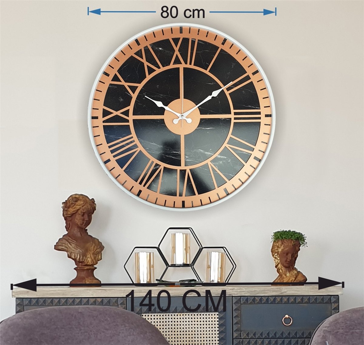 Markakanvas Beyaz Metal Kasalı Mermer Desenli  Duvar Saati  ( Çap 50 cm -Çap 80 cm )