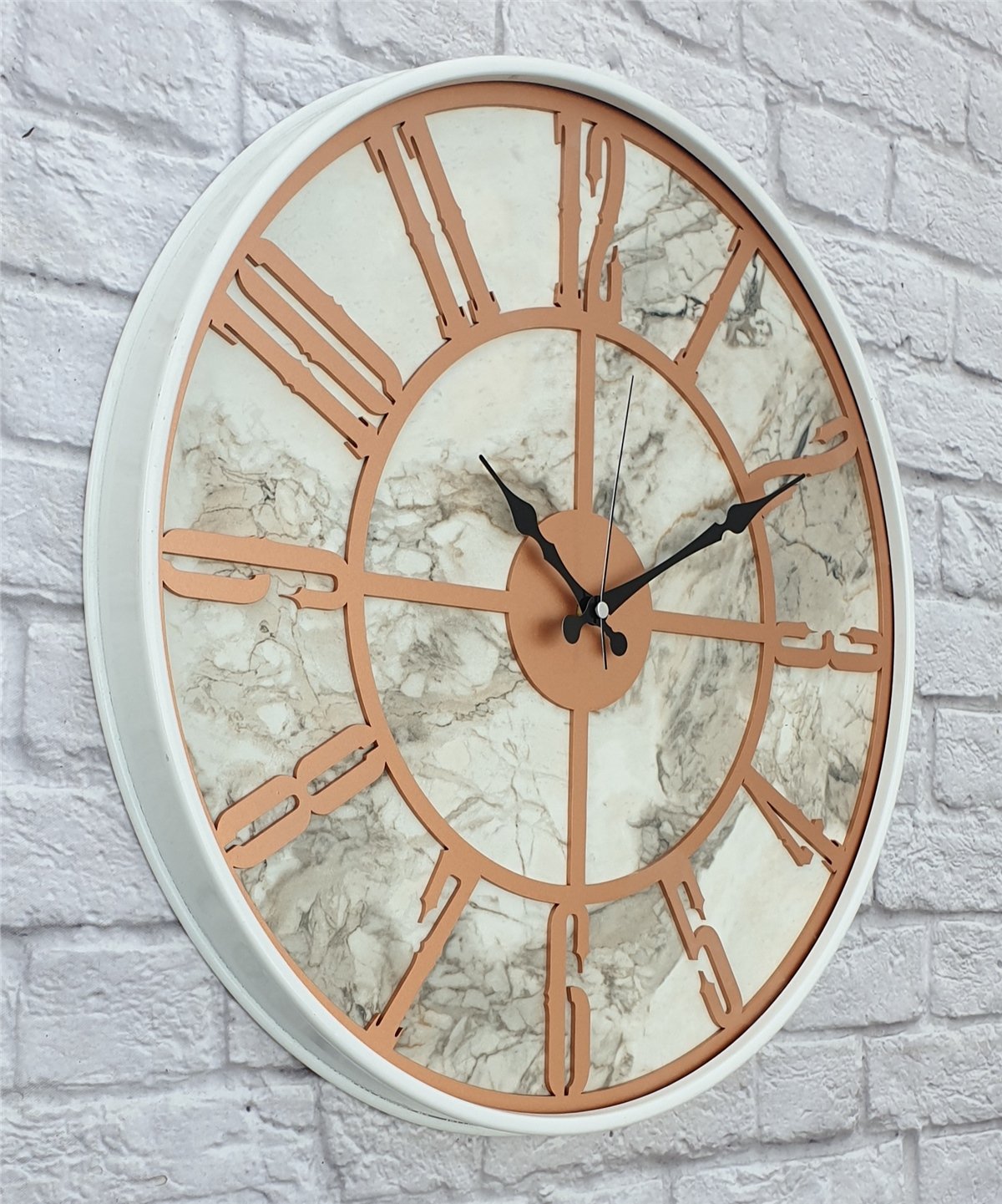 Markakanvas Beyaz Metal Kasalı Mermer Desenli  Duvar Saati  ( Çap 50 cm -Çap 80 cm )