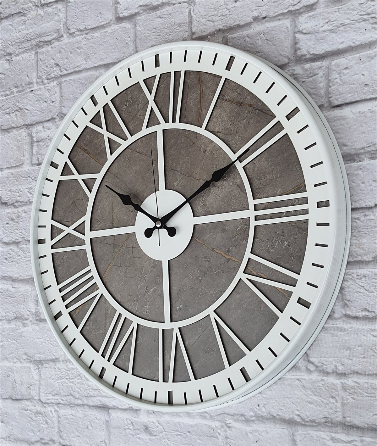 Markakanvas Beyaz Metal Kasalı Mermer Desenli  Duvar Saati  ( Çap 50 cm -Çap 80 cm )