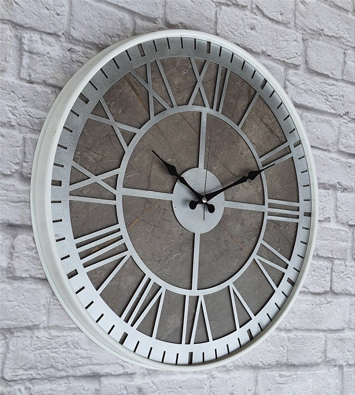 Markakanvas Beyaz Metal Kasalı Mermer Desenli  Duvar Saati  ( Çap 50 cm -Çap 80 cm )