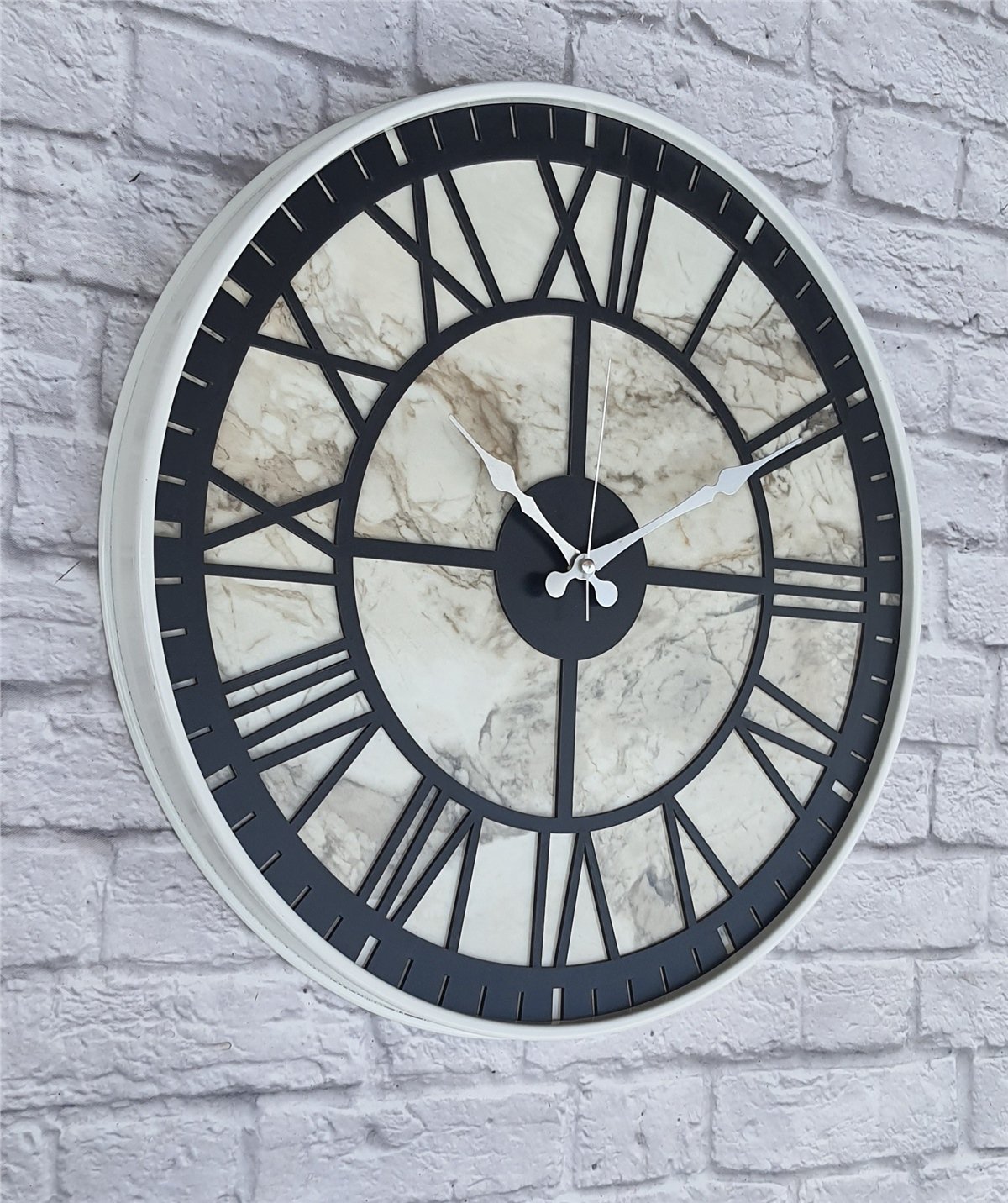 Markakanvas Beyaz Metal Kasalı Mermer Desenli  Duvar Saati  ( Çap 50 cm -Çap 80 cm )
