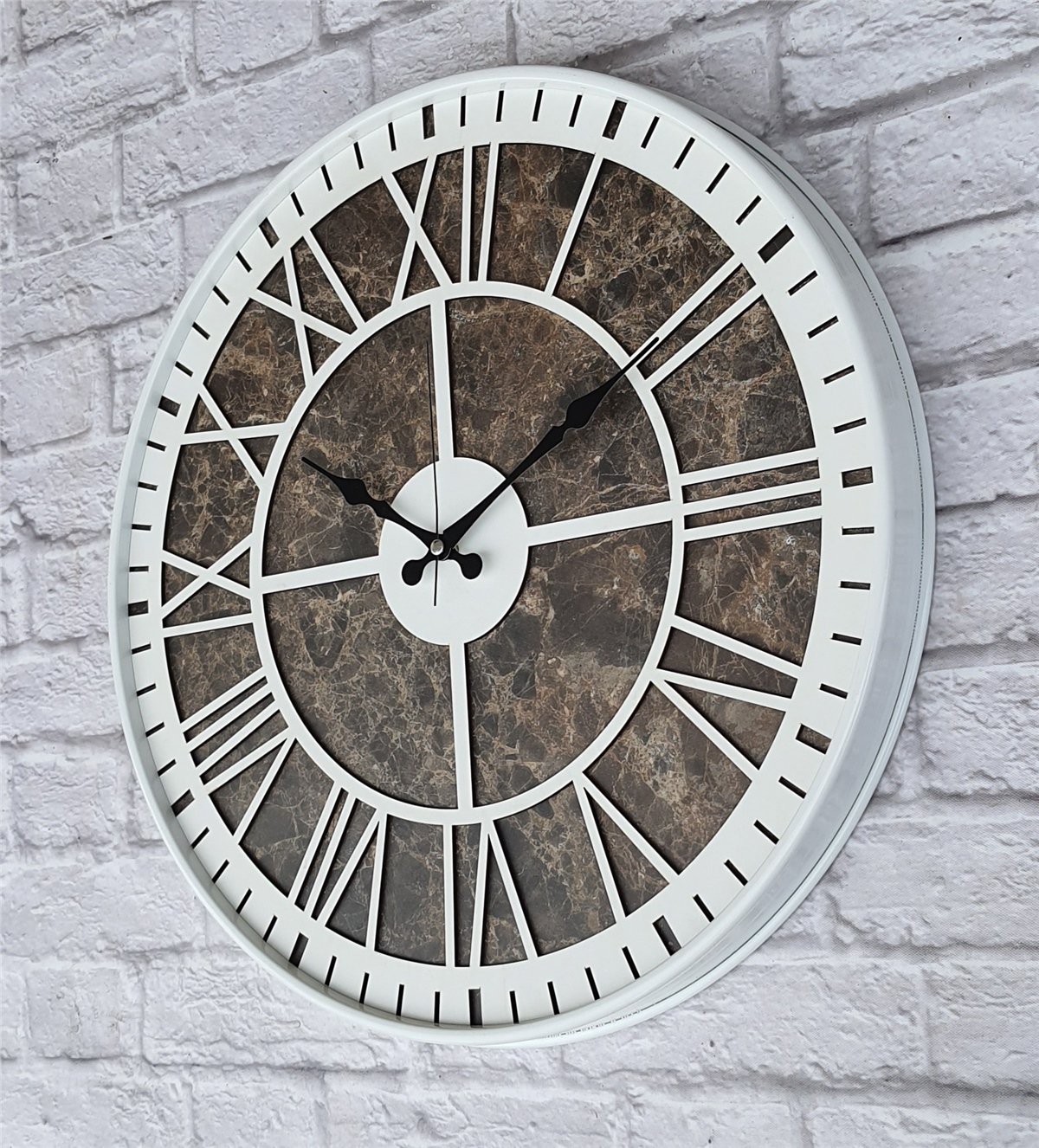 Markakanvas Beyaz Metal Kasalı Mermer Desenli  Duvar Saati  ( Çap 50 cm -Çap 80 cm )