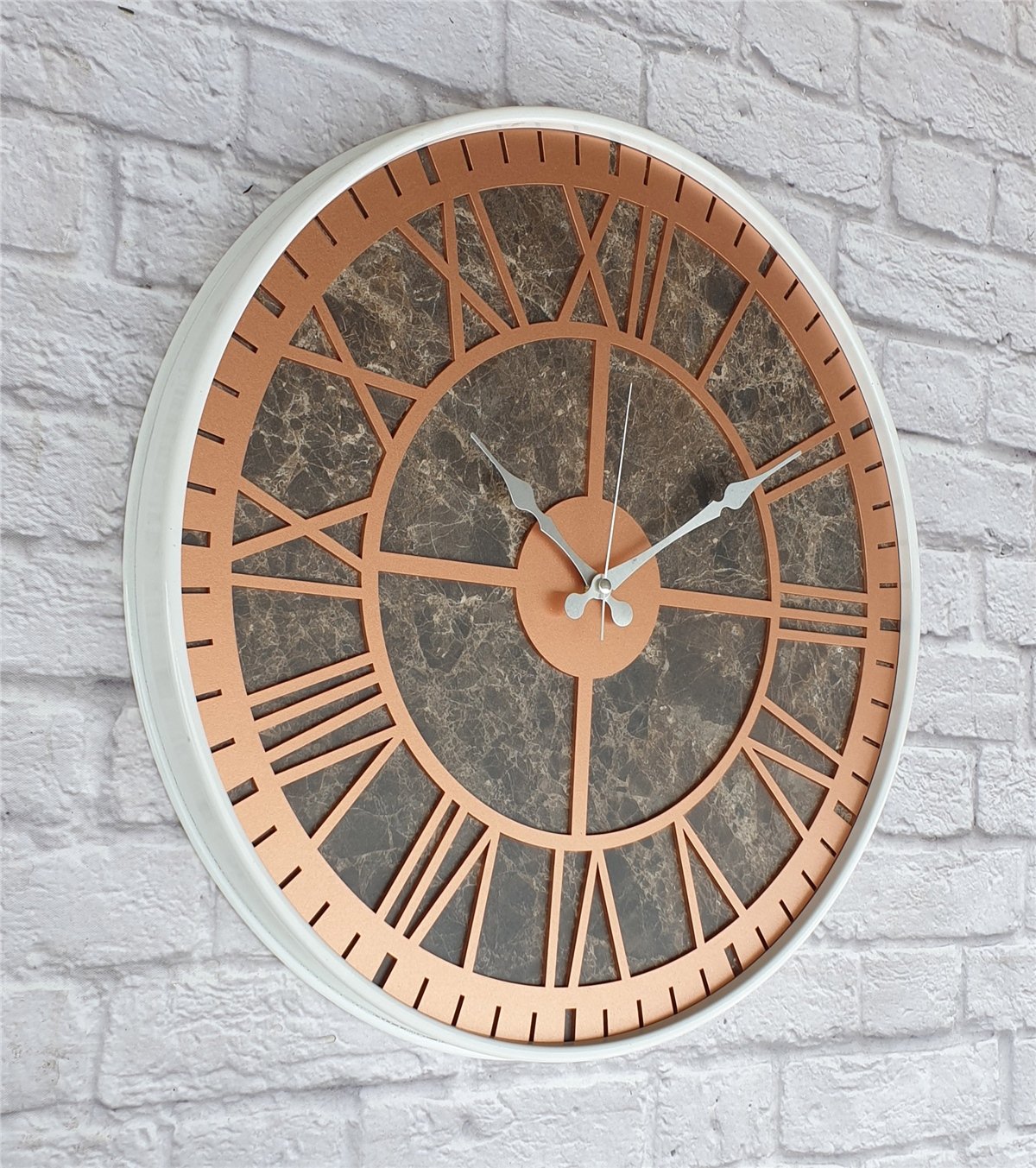 Markakanvas Beyaz Metal Kasalı Mermer Desenli  Duvar Saati  ( Çap 50 cm -Çap 80 cm )