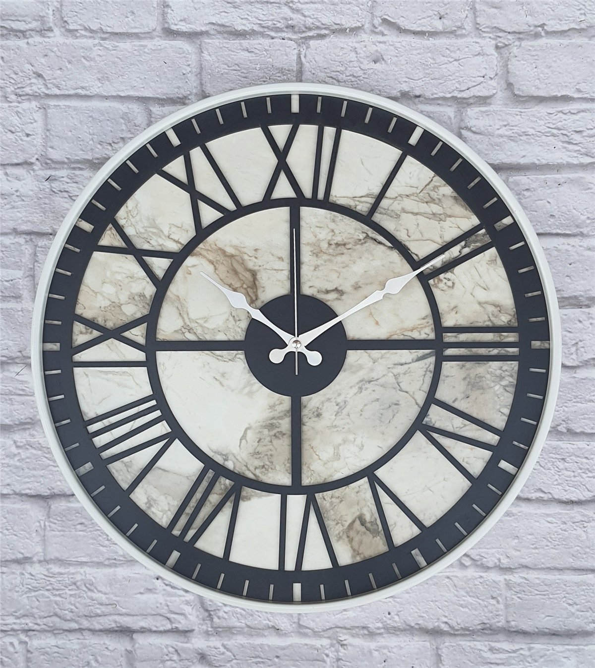 Markakanvas Beyaz Metal Kasalı Mermer Desenli  Duvar Saati  ( Çap 50 cm -Çap 80 cm )
